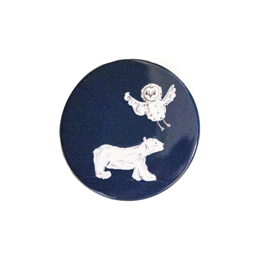 Round Dark Blue Badge with a Polar Bear and Owl 