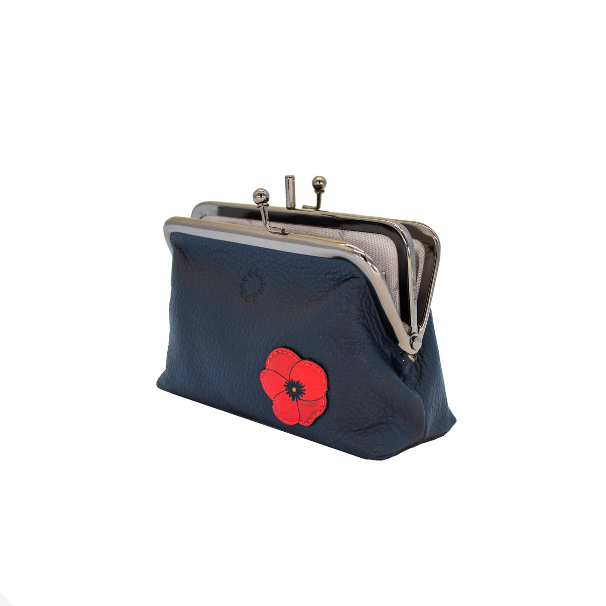 Black leather frame purse with a red poppy flower interior view