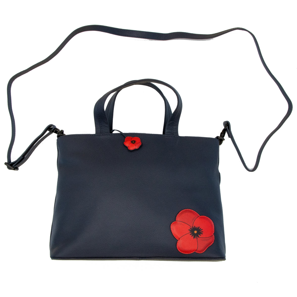 Black leather multiway grab bag with red poppy charm