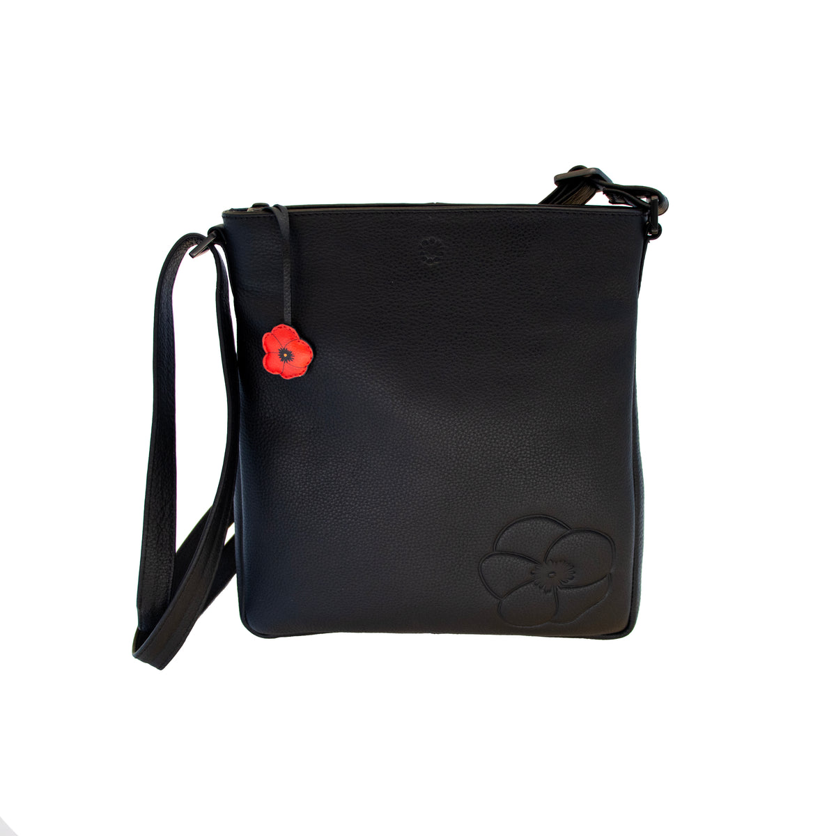 Black leather cross body bag with red poppy charm