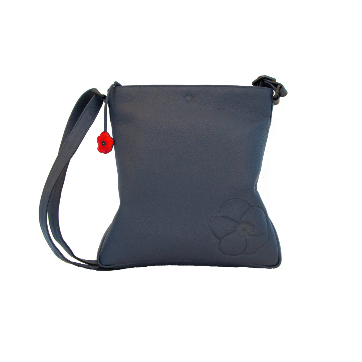 Navy  leather cross body bag with red poppy charm