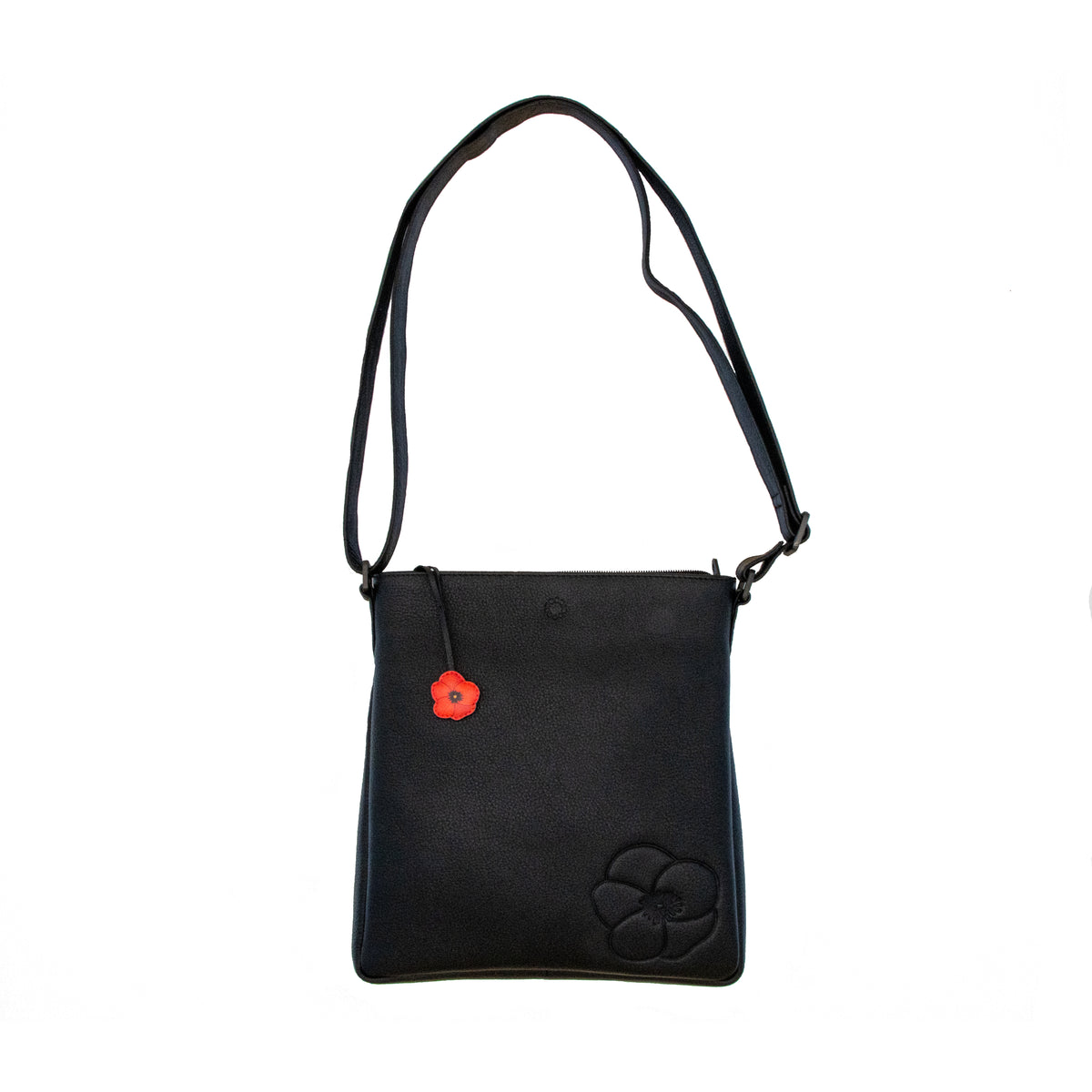 Black leather cross body bag with red poppy charm