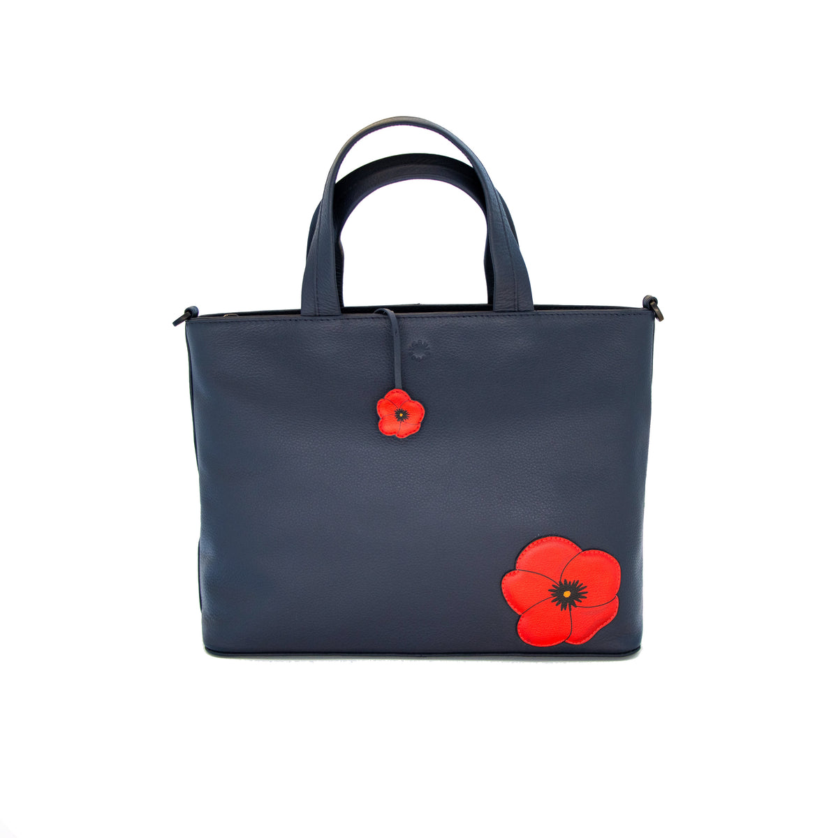 Navy leather multiway grab bag with red poppy charm